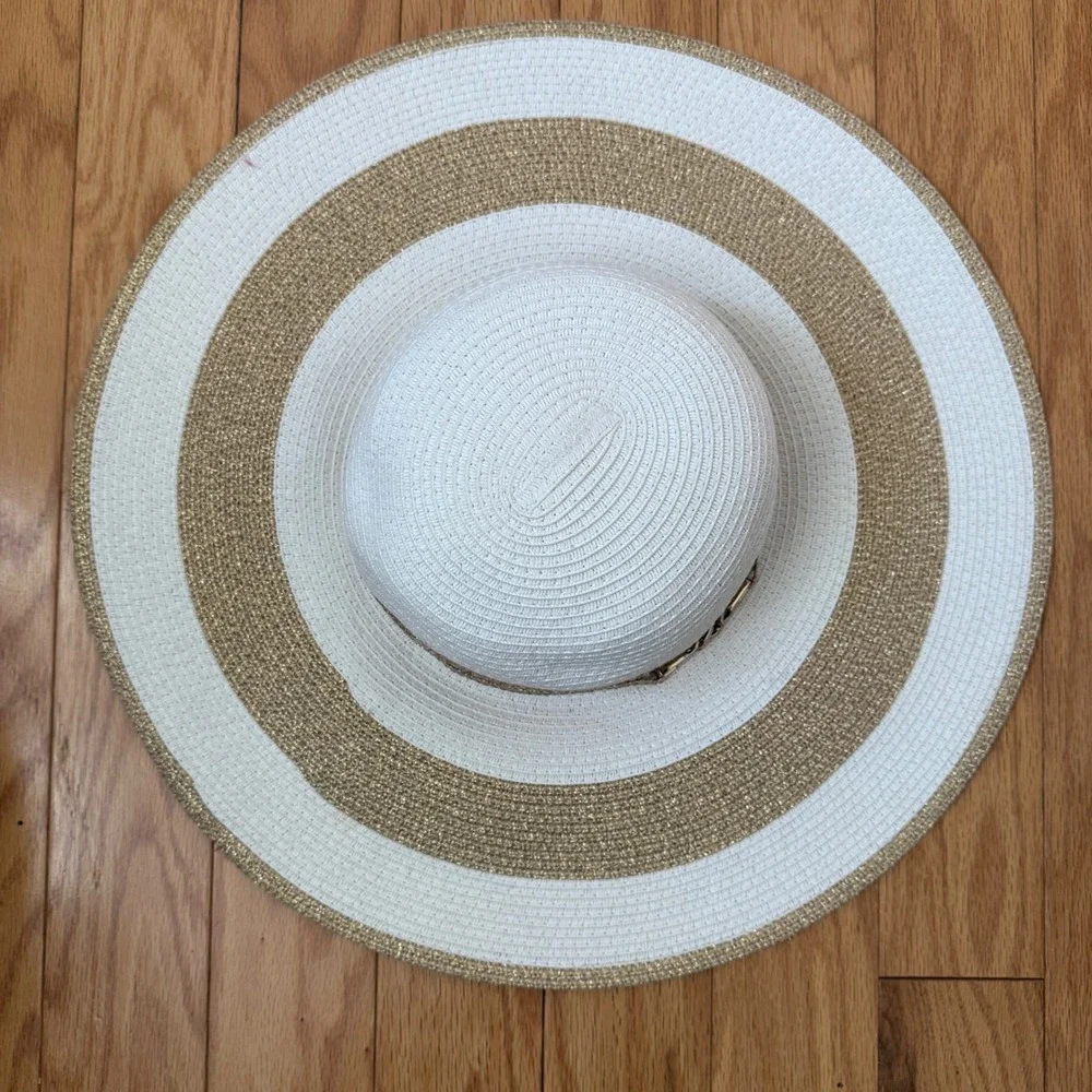 Scala OS White Gold Sun Hat Wide Brim Striped Metallic Chain Detail Beach Summer